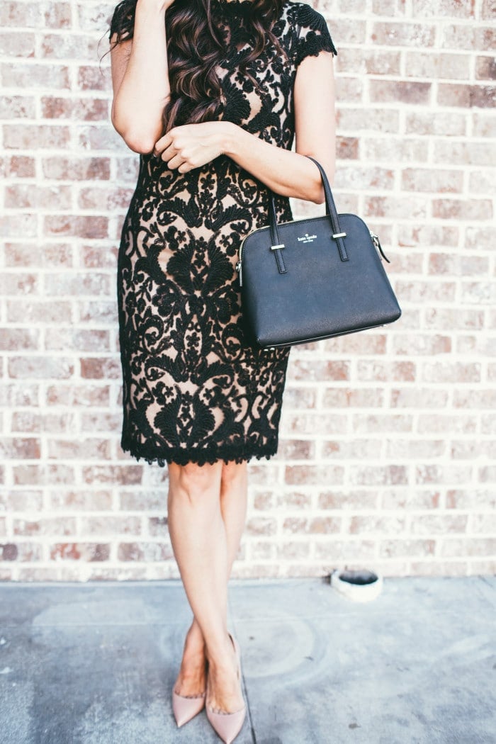 nude and black lace dress