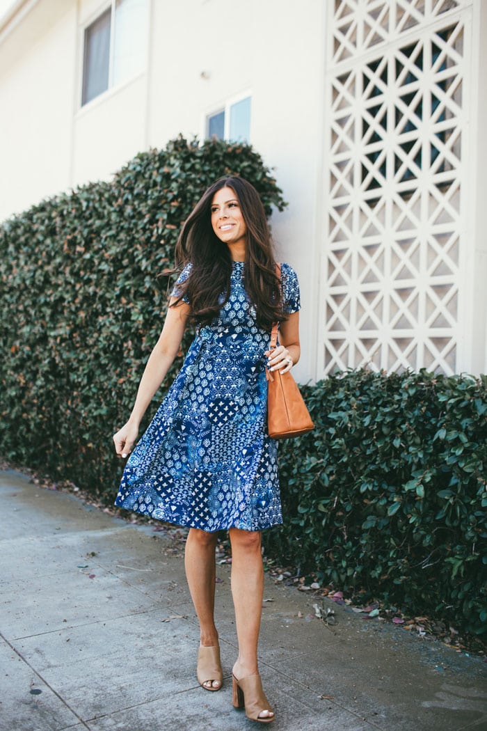 prettiest blue easter dress! love this paired with camel mules and a modern, minimalist bucket bag
