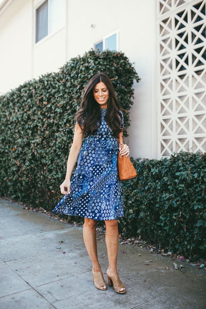 prettiest blue easter dress! love this paired with camel mules and a modern, minimalist bucket bag