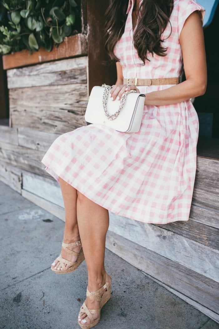 pink checkered dress with cork accents. so perfect for spring or an easter dress! love the chain bag too - huge trend for 2016.