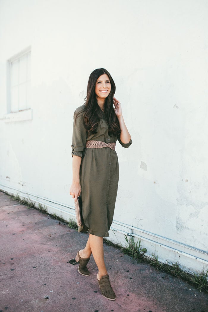 Simple, pretty green shirtdress! Perfect neutral color that could go with blacks or browns or whites or nudes.