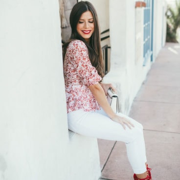 the cutest red and white spring outfit! LOVE the peplum top with the red spring heels
