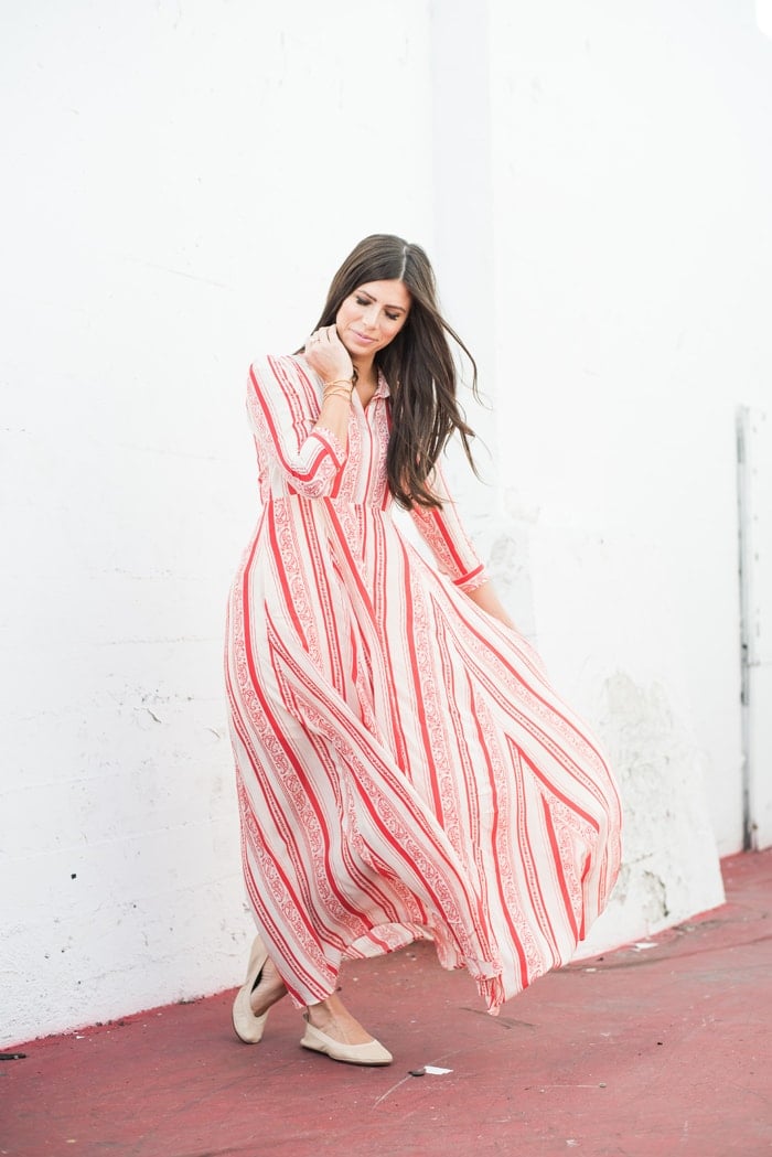 Red and white maxi dress
