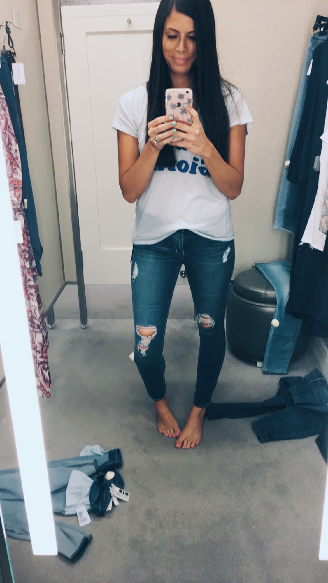 these distressed skinny jeans are SO comfy and soft and only $64!