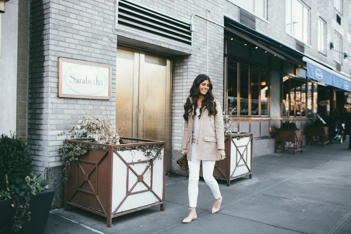 the perfect spring trench! Gingham lining and a hood. So cute with these white jeans and ballet pink flats that lace up.