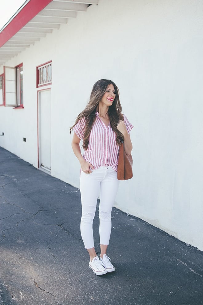 red striped top white pants