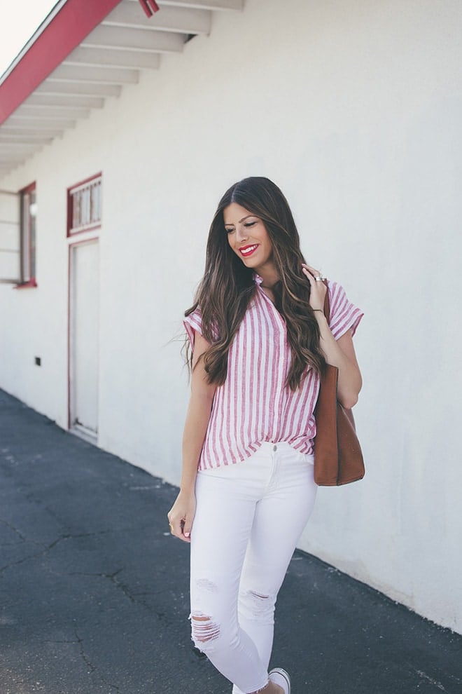 red striped top white pants