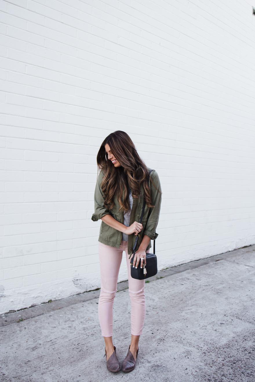 Grey bag and green army jacket