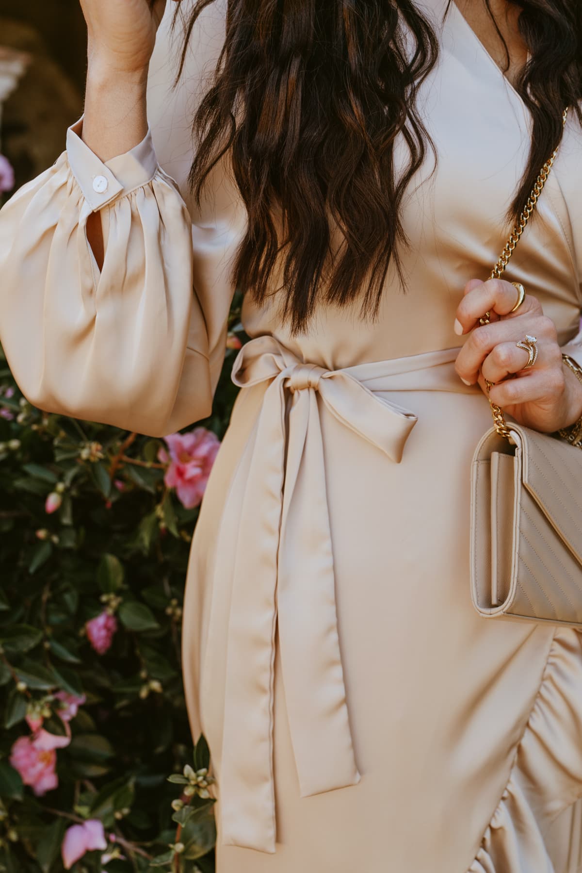 gold satin cold weather dress from nordstrom