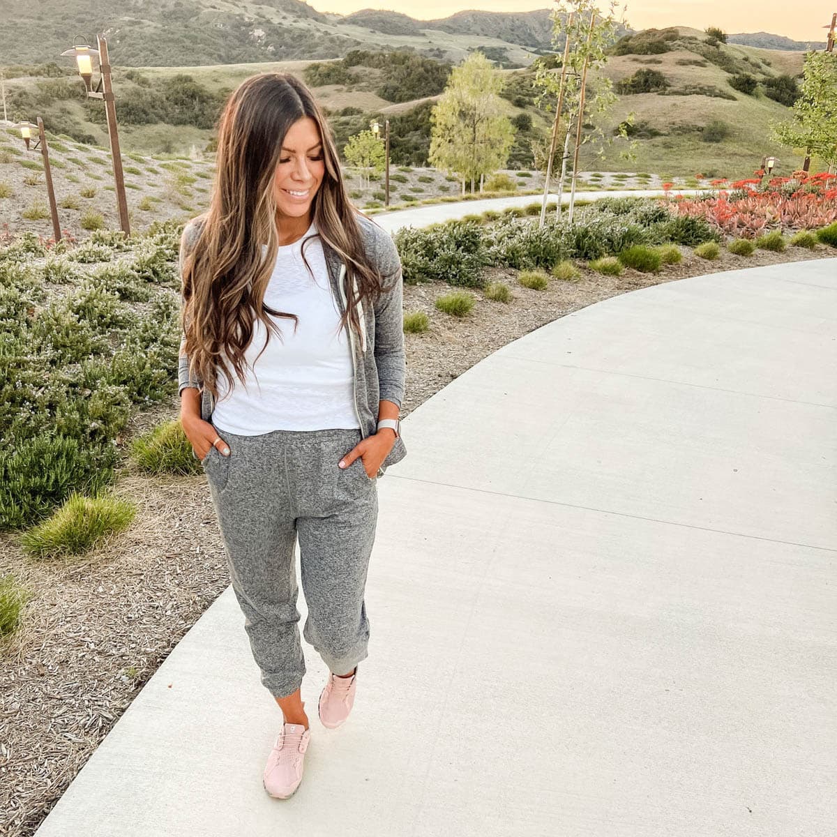 Corrine wearing Vuori Performance Hoodie and Joggers