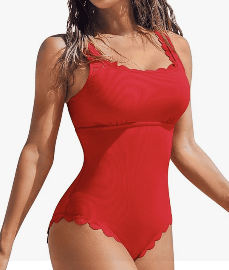 red scalloped suit