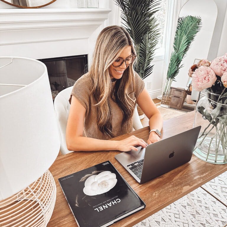 Corrine Stokoe at her desk with laptop, mom of 5 Amazon Prime Day picks