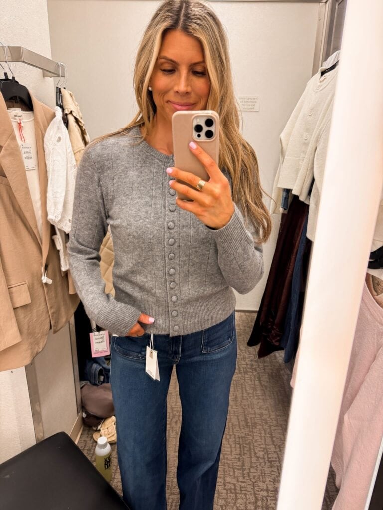 Corrine wearing Cassie Cardigan