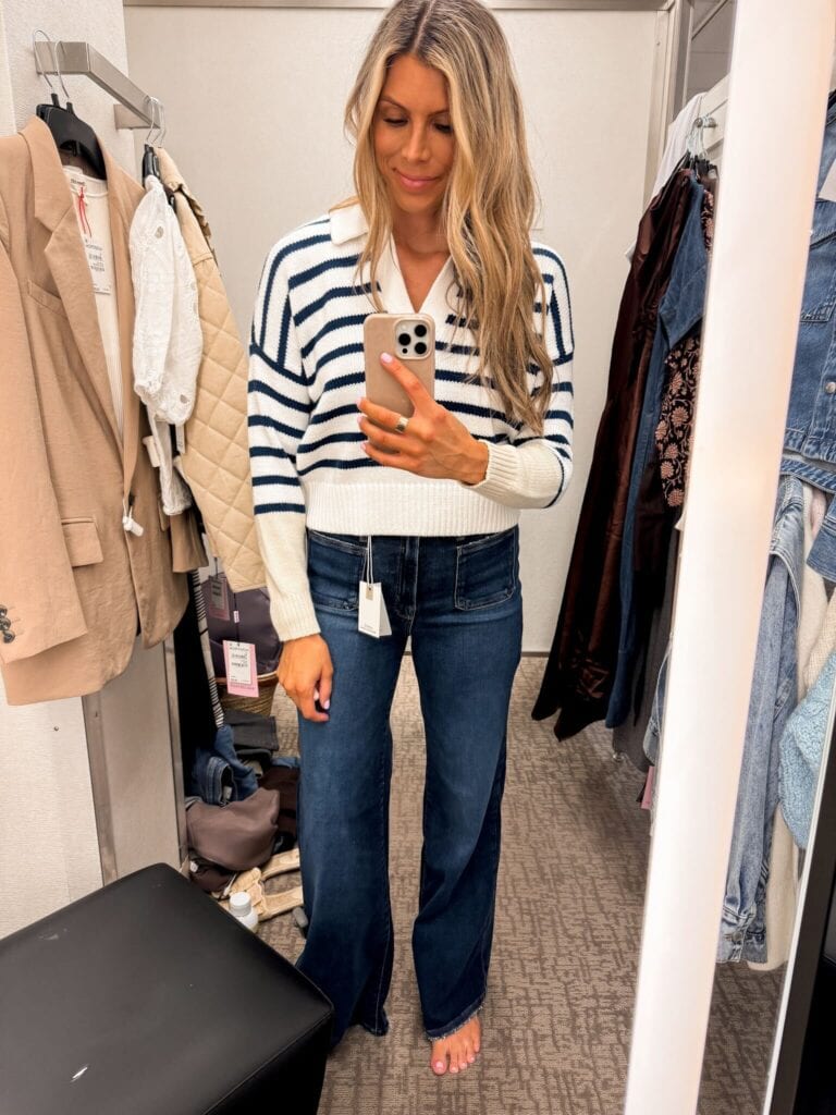 Corrine wearing Dedham Stripe Polo Sweater