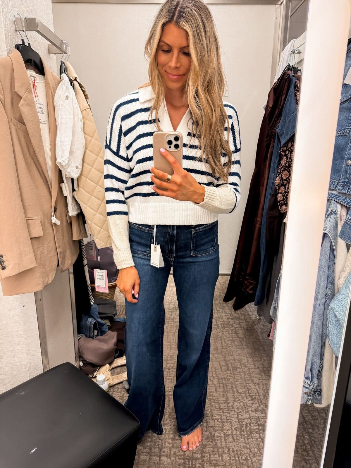 Corrine wearing Dedham Stripe Polo Sweater