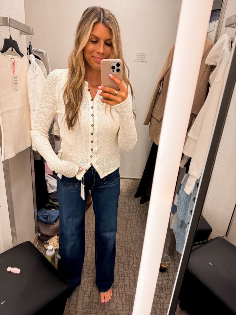 Corrine wearing It's On Rib Cardigan