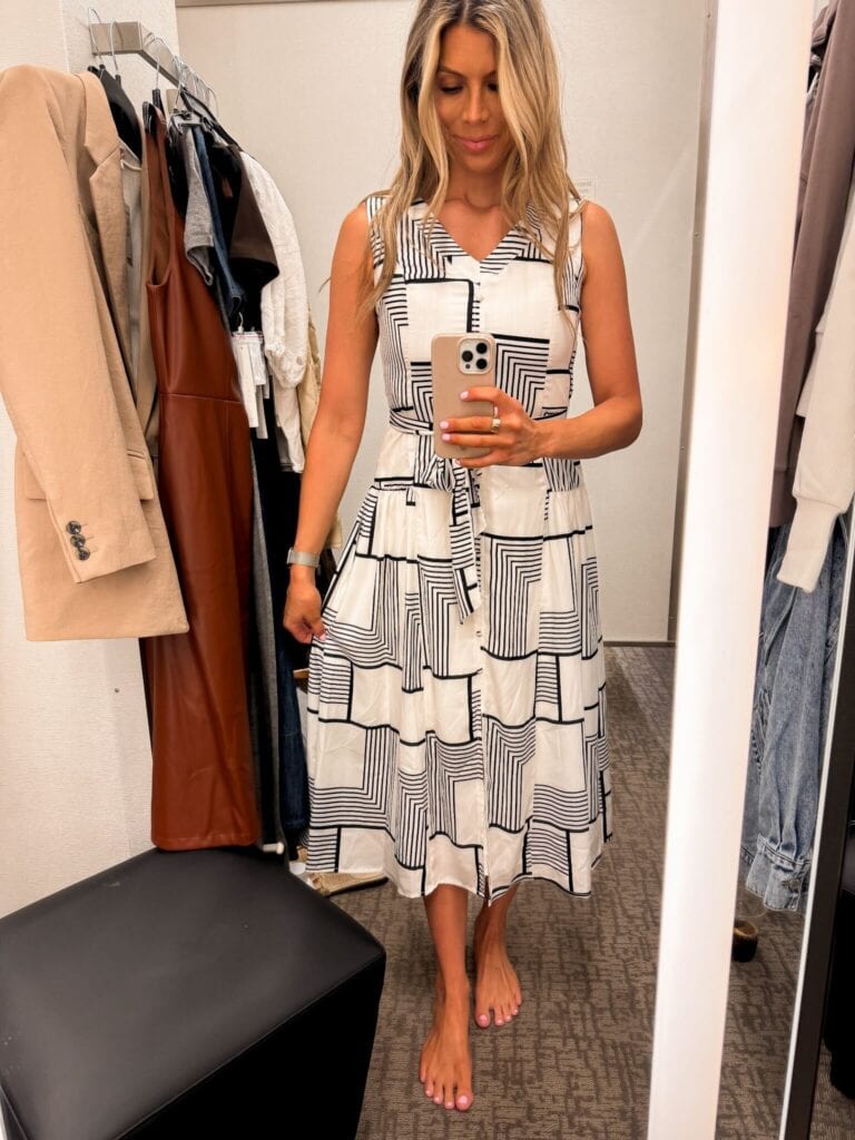 Corrine wearing Print Belted Midi Dress 2