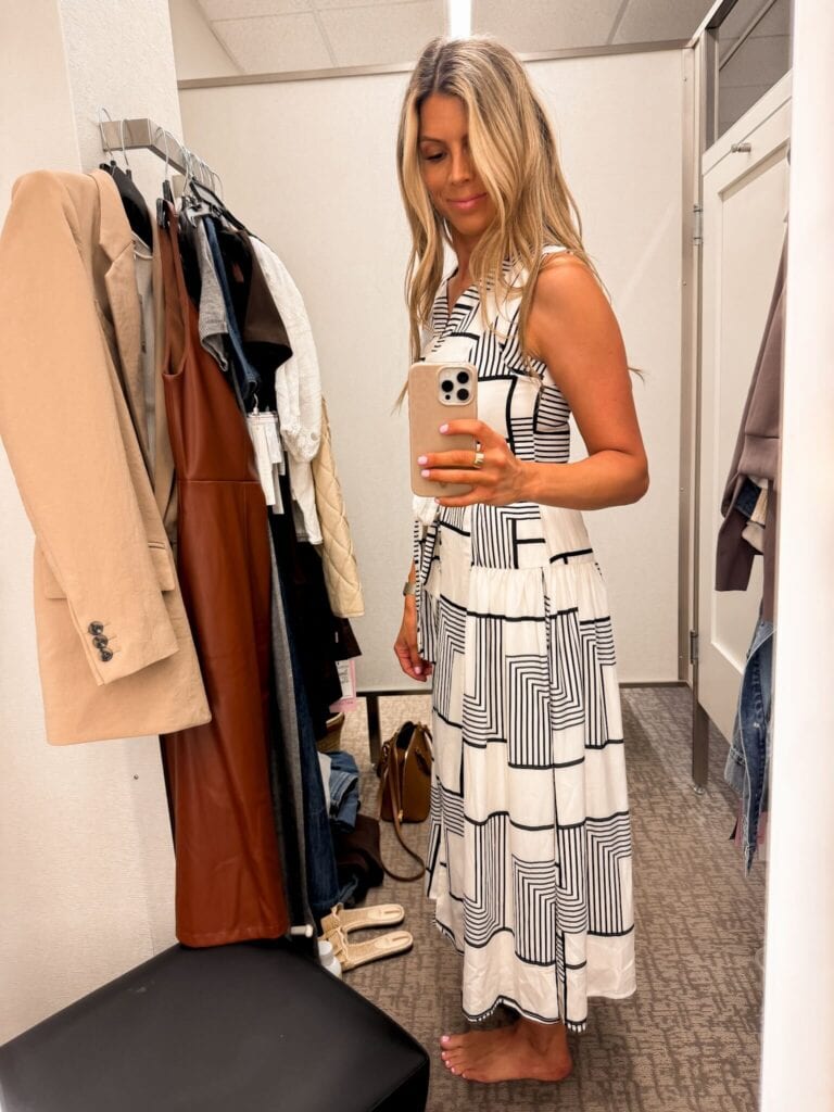 Corrine wearing Print Belted Midi Dress