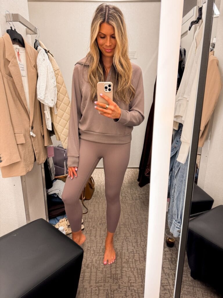Corrine wearing Spanx Airessentials sweatshirt and booty boost leggings