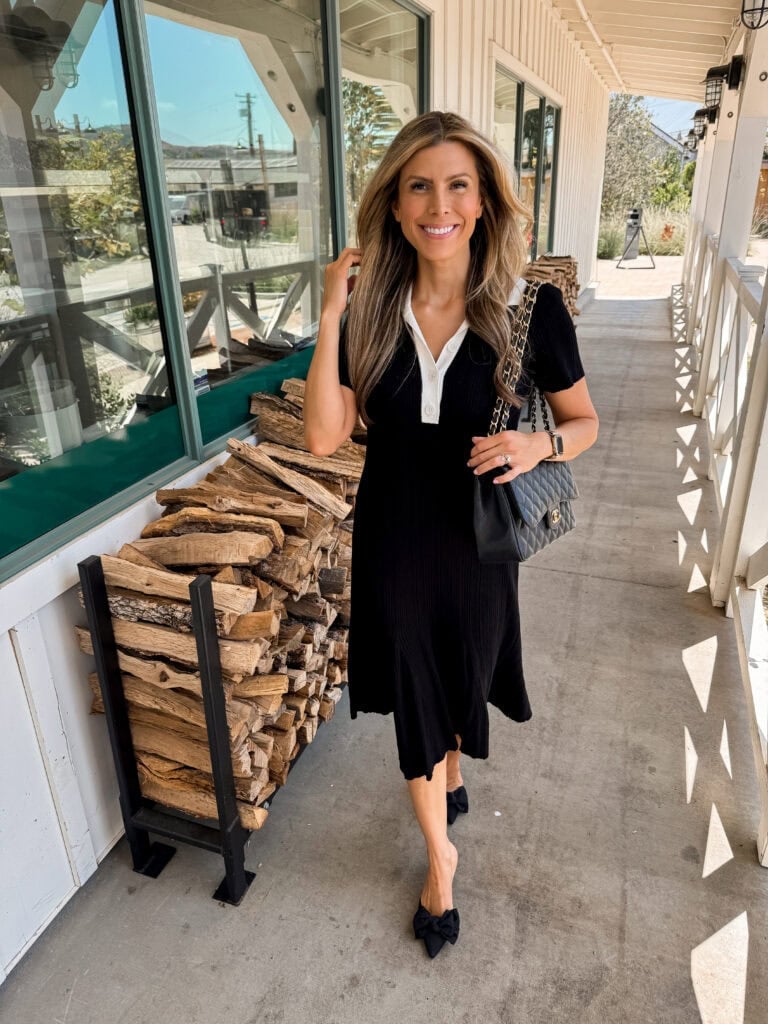 Corrine wearing goldie bow pointed mule