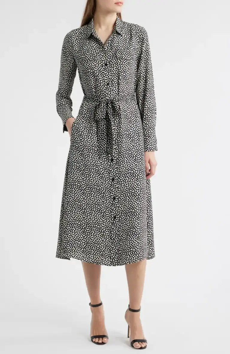 Spotted Around Long Sleeve Midi Shirtdress