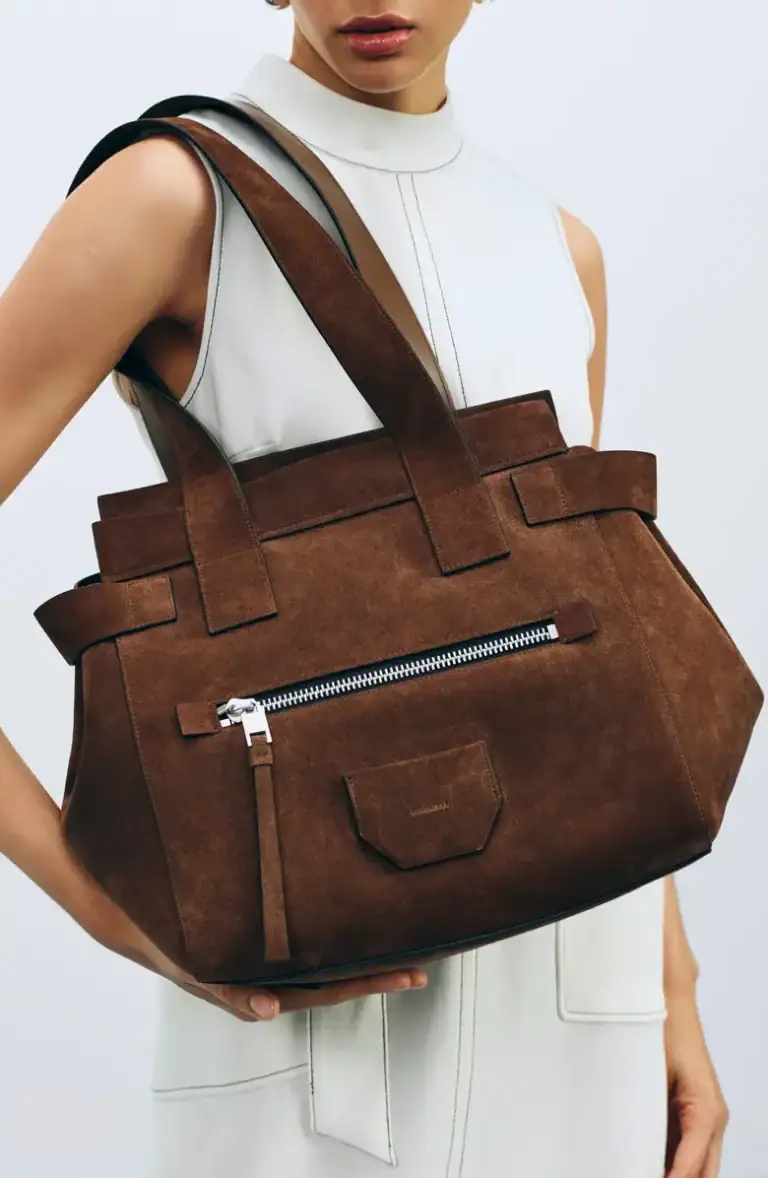 Woman with Perez Suede Shoulder Bag