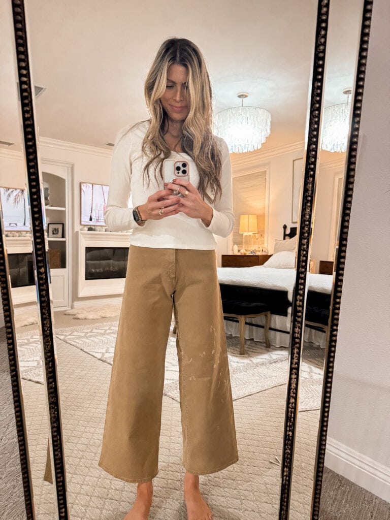 Corrine wearing AGolde denim dupes