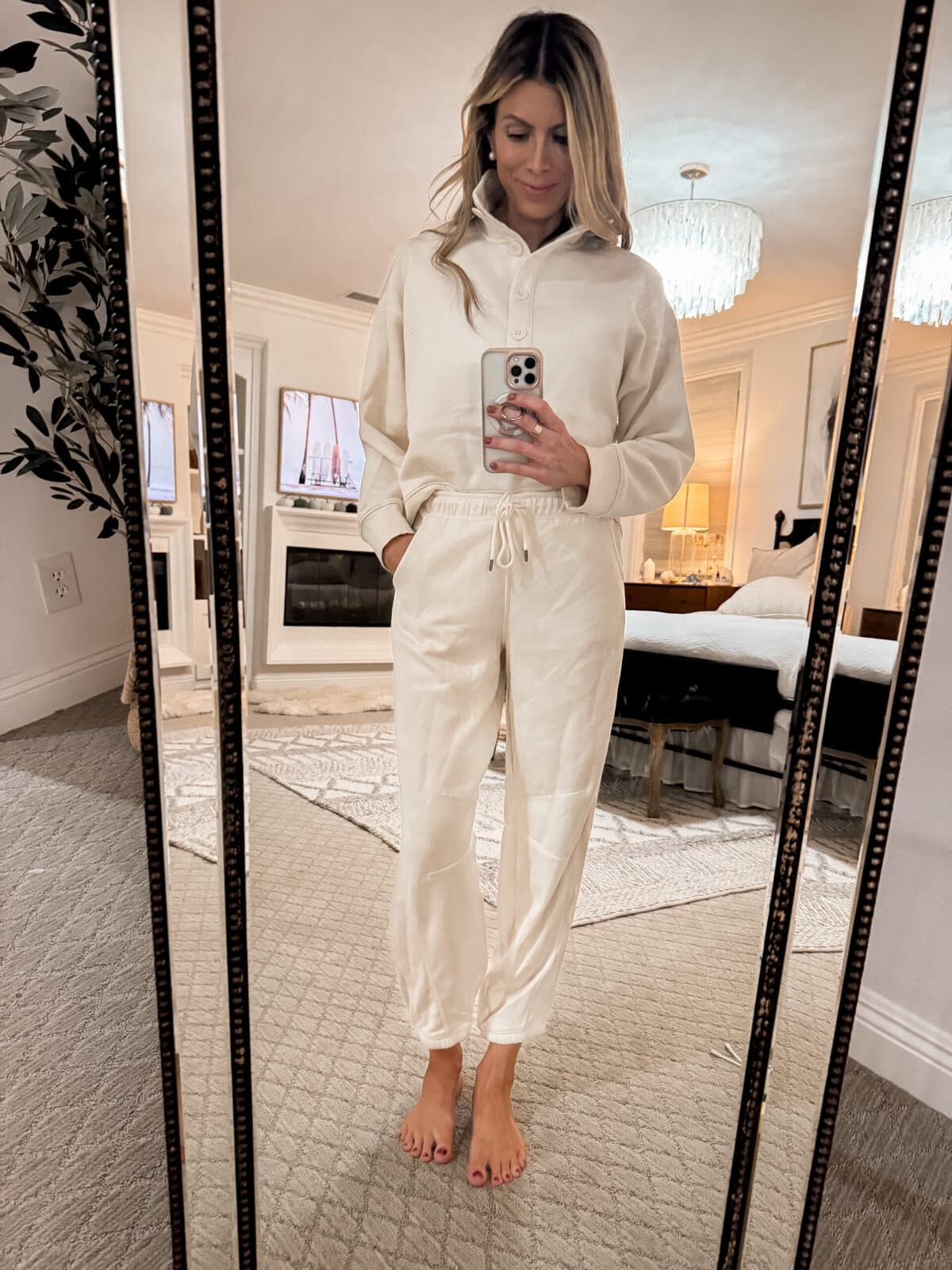 Corrine wearing matching sweatshirt and sweatpants