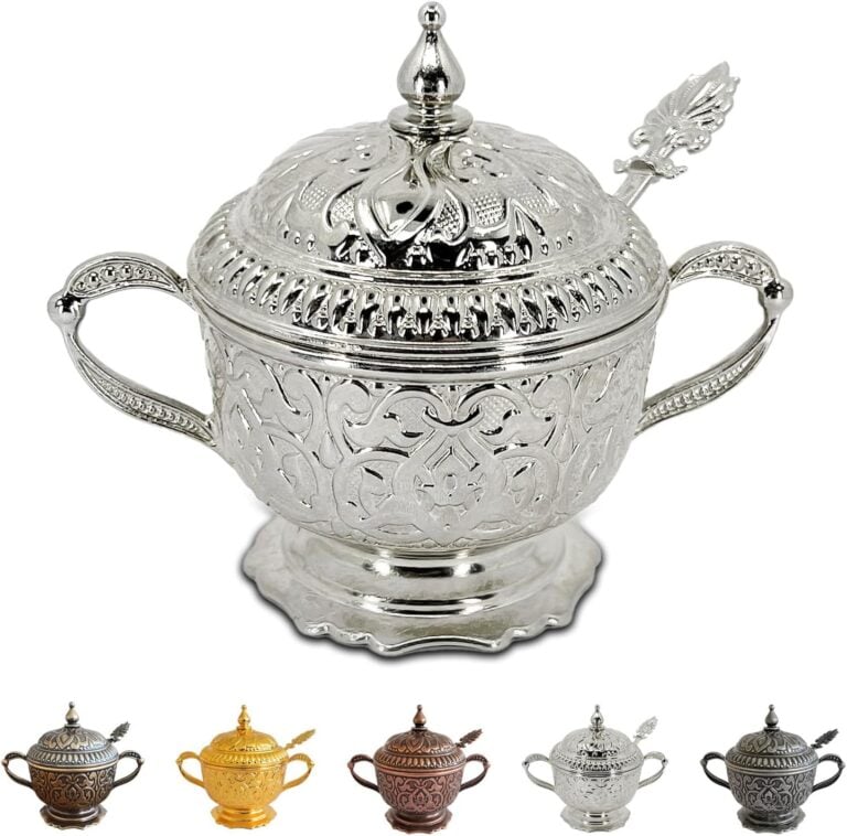 Embossed Metal Sugar Bowl with Lid and Spoon