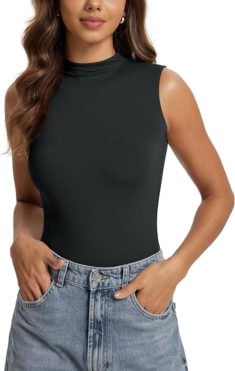 ODODOS Women's Double Layer Mock Neck Sleeveless Tee