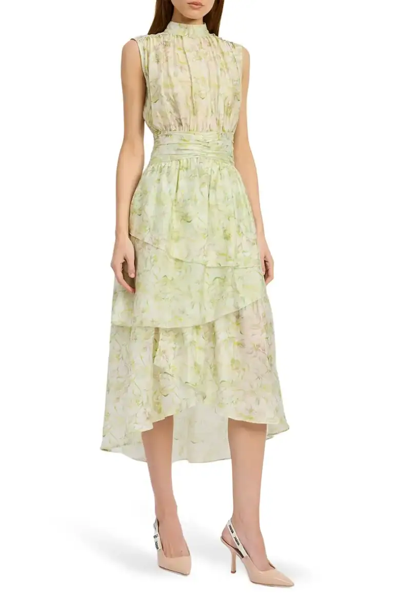 strapless open back dress Pink Pleated Chiffon V Neck Ruffle Midi Dress