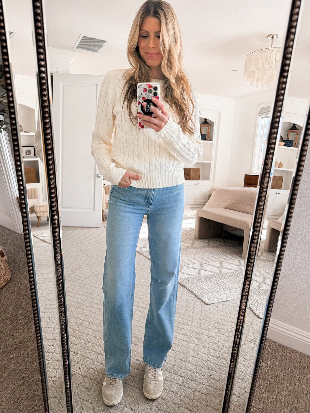 Corrine cable knit sweater outfit
