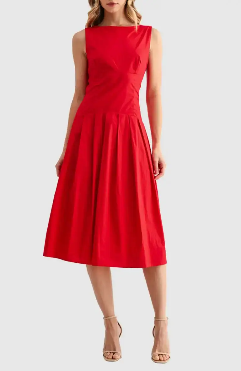 Pleated Sleeveless Cotton Midi Dress