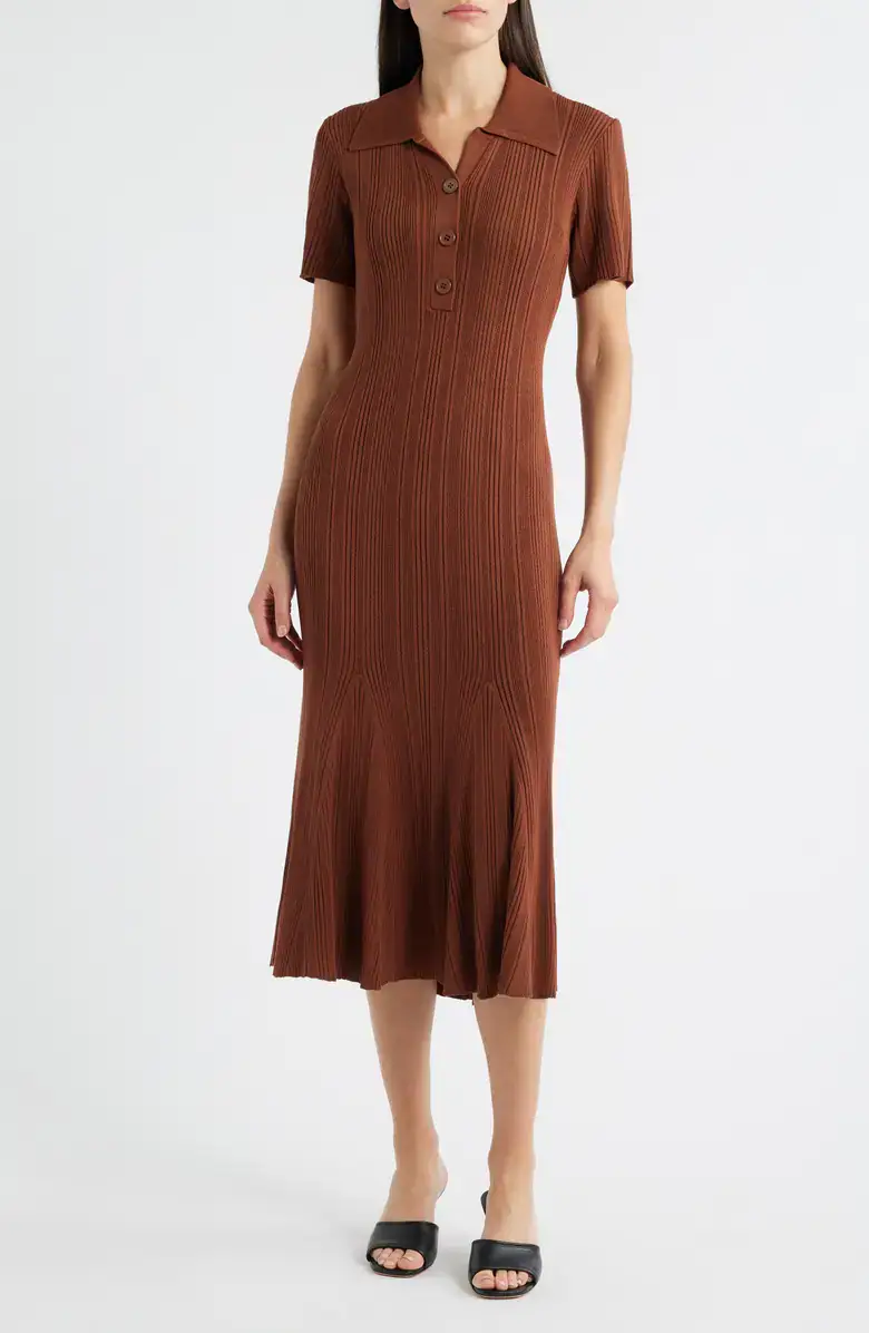 Rib Short Sleeve Midi Sweater Dress in Caramel