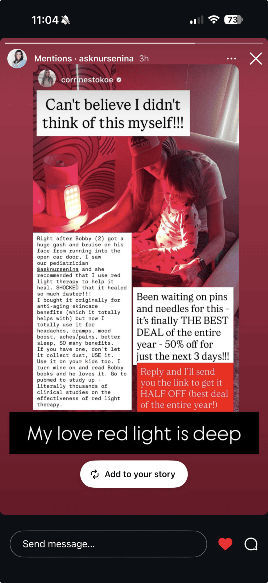 Mint Arrow pediatrician @asknursenina reposting Corrine Stokoe Instagram story about using red light therapy to heal her 2-year-old Bobby face after a car door accident
