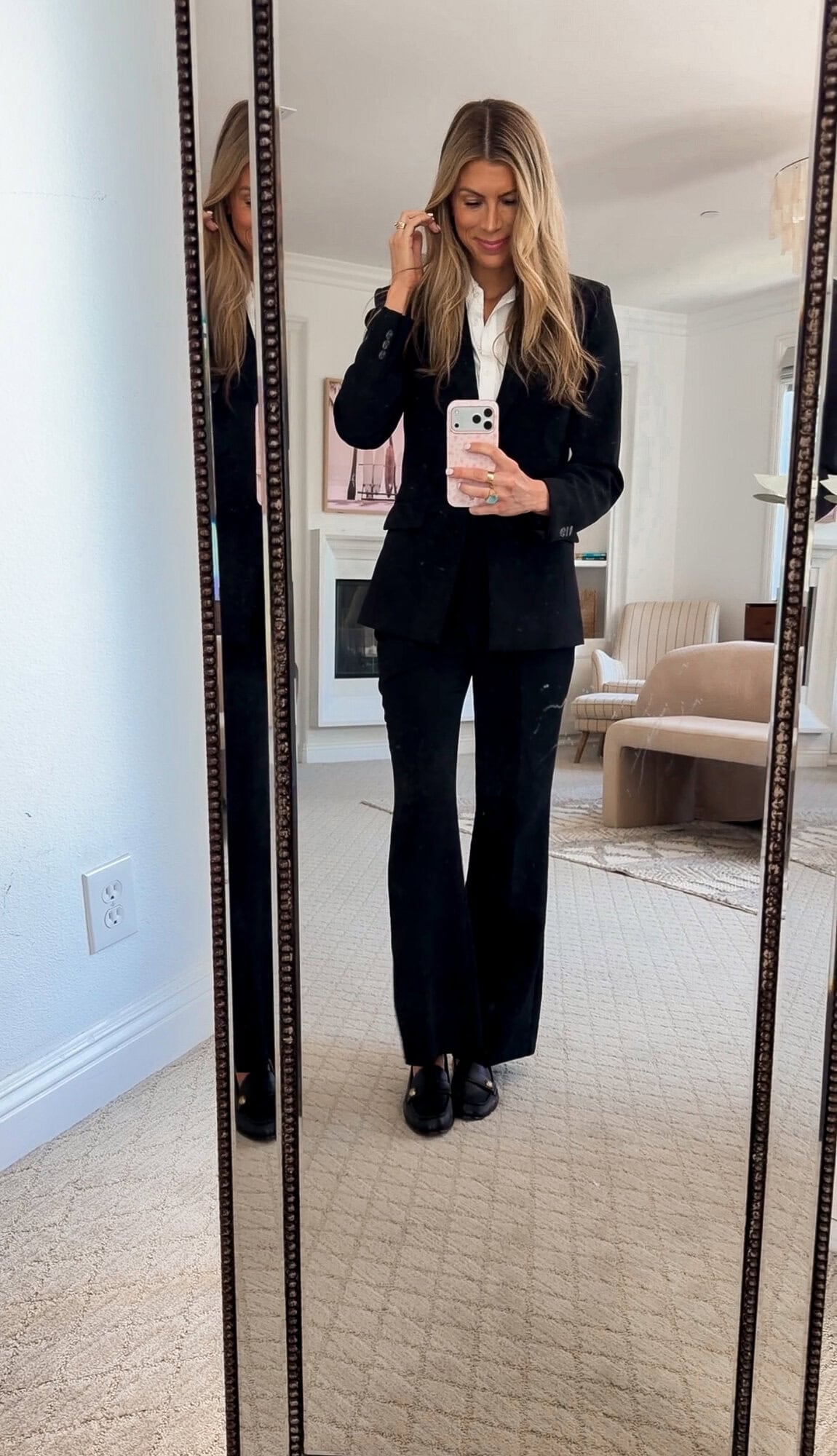 me wearing the full black Open Edit suit, blazer and flare trousers, for church