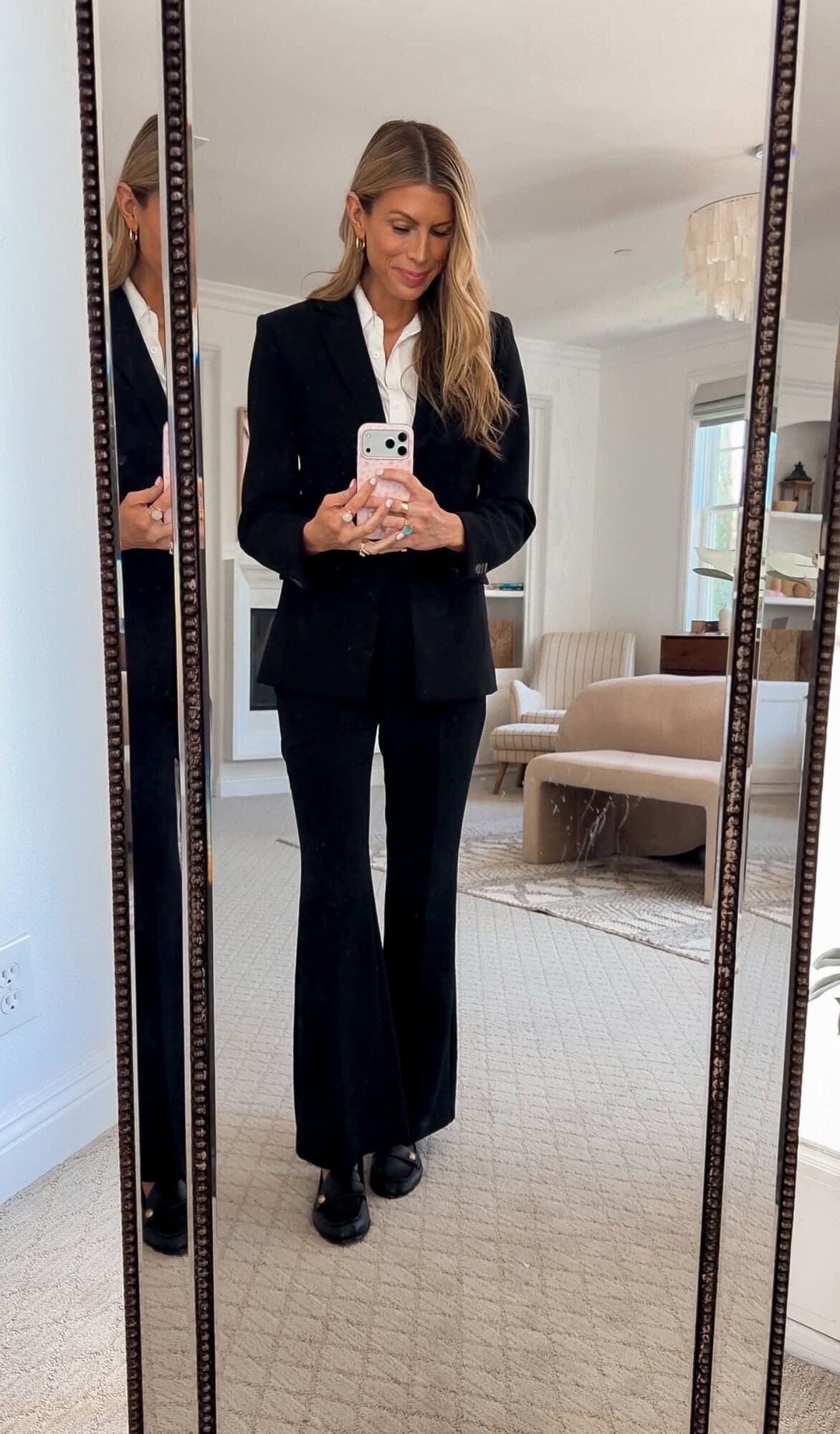 me wearing the Open Edit Curator flare leg trousers with the blazer and a white shirt