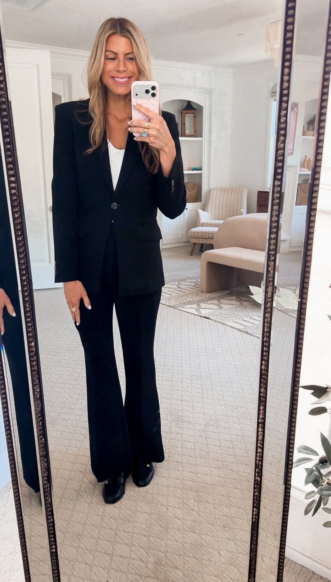 Nordstrom Anniversary Sale 2026 wrinkle-free capsule: me wearing the black Open Edit fitted blazer and flare trousers with loafers