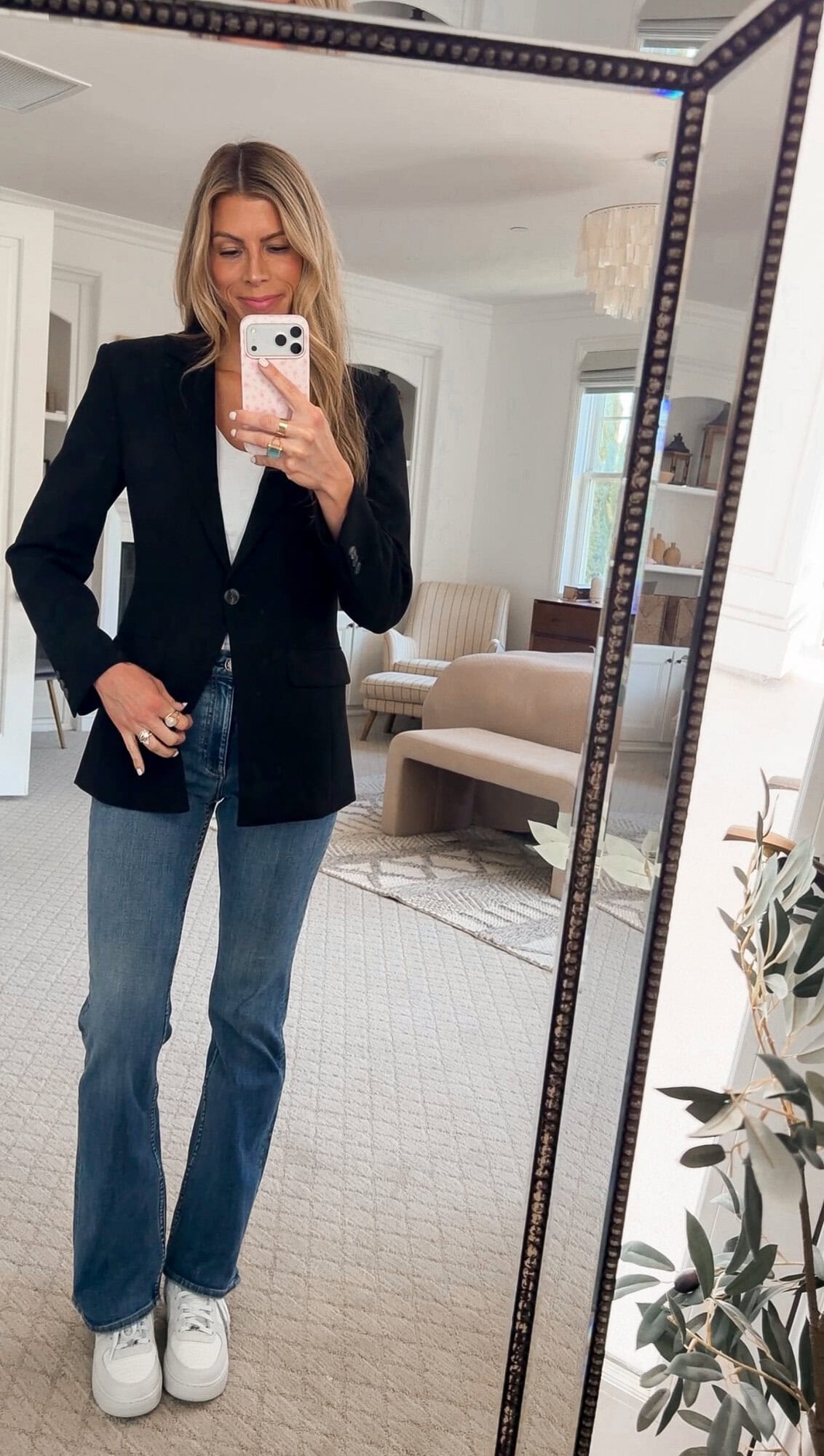 me wearing the Nike Air Force 1 sneakers with rag and bone bootcut jeans and the blazer