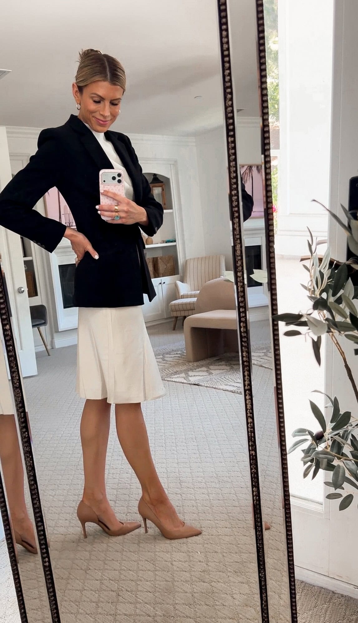 me wearing the Open Edit rib knit mock neck sweater tucked into the satin slip skirt under the blazer