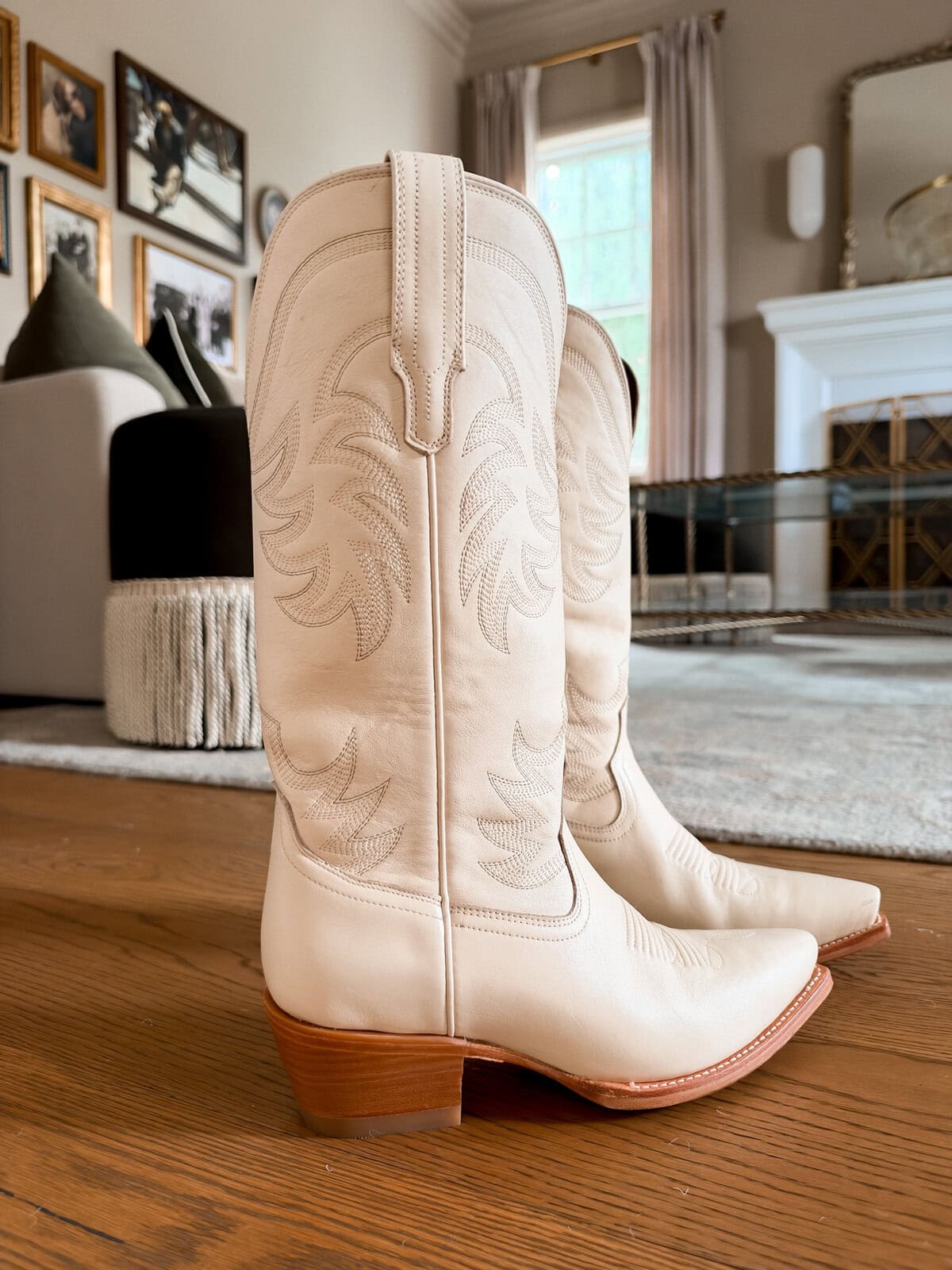 Tecovas The Annie cowboy boots in bone leather with Western stitching and a stacked wood heel